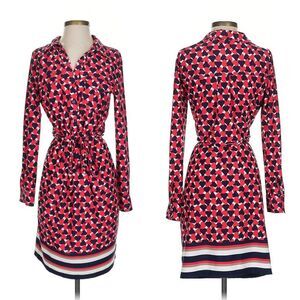 Ellen Tracy Long Sleeve Heart Print Stretch Jersey Red Navy Shirt Dress Small